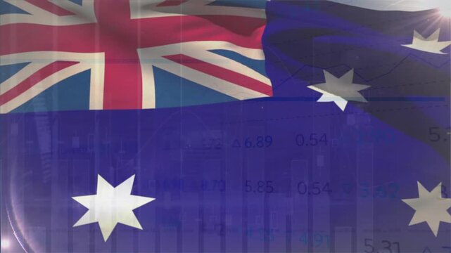 Animation of statistical data processing against waving australia flag