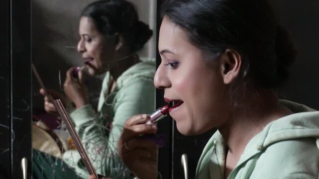 Young Woman Applying Lipstick Makeup Face Beauty Routine