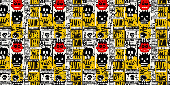 Artistic seamless repeating pattern, cryptic phrases, gestures, drips, bold primary colors, black, white, earth tones, ideal for graphic design, streetwear, and unique textures