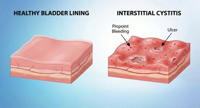 Interstitial Cystitis Bladder Lining Pinpoint Bleeding and Ulcers Illustration