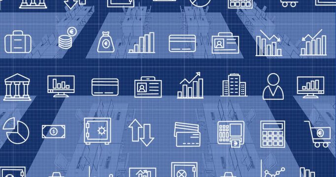Animation of multiple icons over high angle view of 3d model of digital workplace in office
