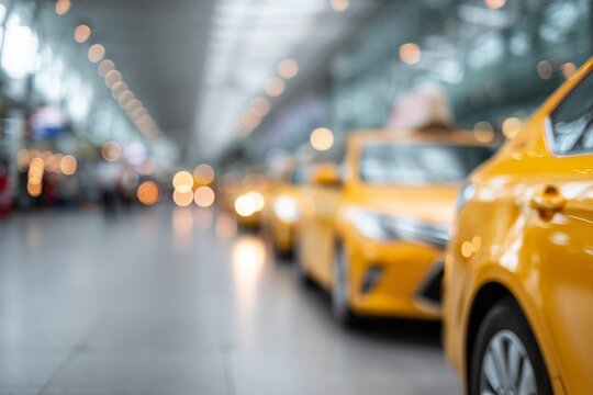 Yellow taxis lined at airport. Airport transfer service concept. Fast passenger pickup zone. Urban transportation background. Travel and tourism banner.