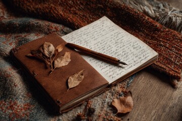 Fototapeta premium Vintage journal with autumn leaves on rustic surface