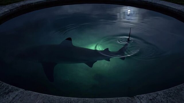 Large shark silhouette swimming in dark circular pool water at night. Hidden threat and dangerous predator concept
