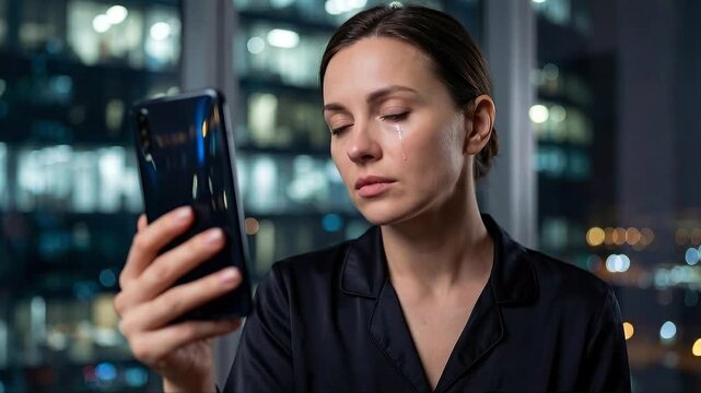 Manipulative caucasian woman crying while looking at smartphone at night in modern office. Emotional manipulation and toxic relationship concept