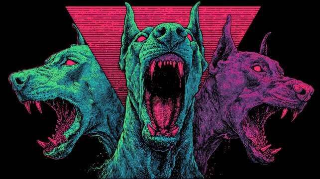 Vibrant neon cerberus with three fierce doberman heads in psychedelic style