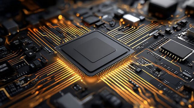 Close-up of advanced computer microchip circuitry with glowing connections