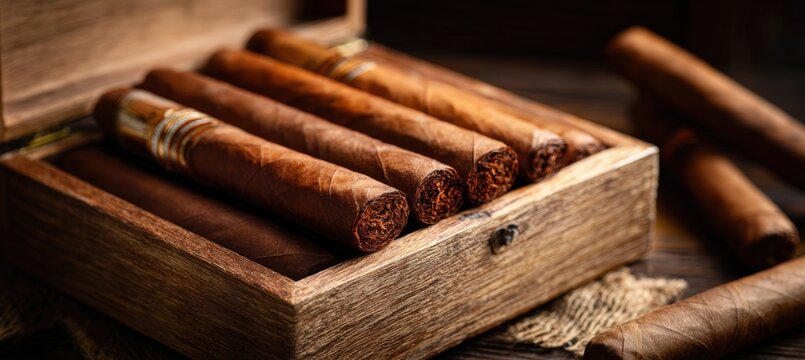 Premium cigars displayed in open wooden box with detailed grain and texture