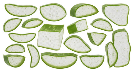 Aloe vera slices png clear gel png assorted angles png healthy skincare ingredient png transparent background png