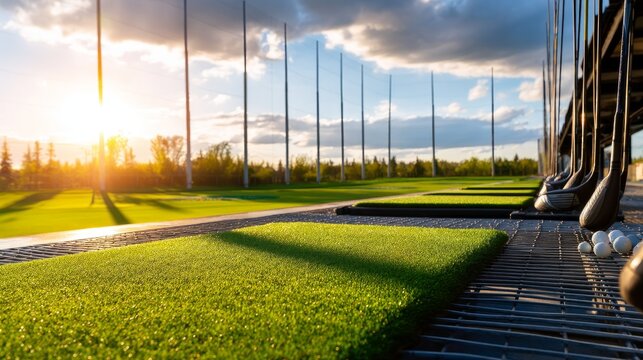 Scenic Golf Driving Range at Sunset with Equipment for Practice Sessions