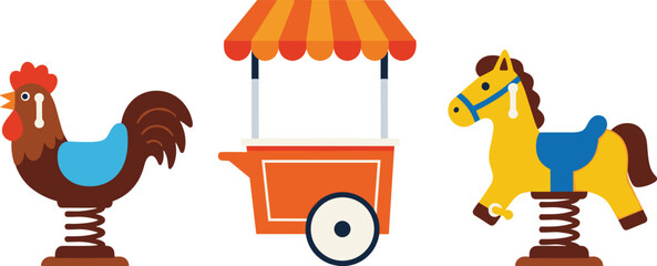 Colorful cartoon animals with a food cart in between them isolated on transparent background, Vector © Anaya