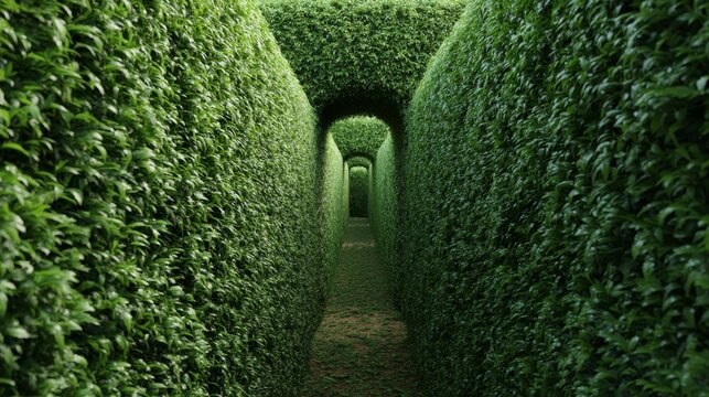 Intricate green hedge maze pathway with archway