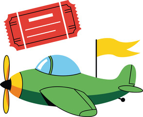 A vintage biplane carrying a ticket and a yellow flag in flight isolated on transparent background, Vector © Anaya