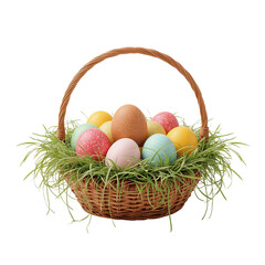 Colorful Easter Eggs in a Basket With Green Grass on a White Background During Spring Season