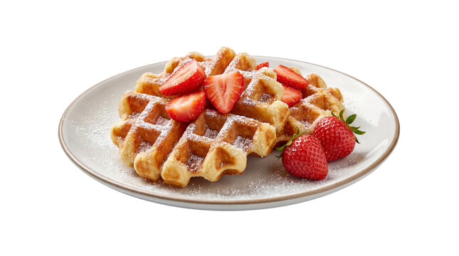 Two golden Belgian waffles with sliced fresh strawberries and powdered sugar on a white plate isolated PNG with Transparent Background