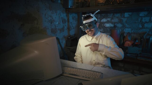 Man wearing unusual goggles sits at a desk in a basement and types on a vintage keyboard using two fingers. Old CRT monitor glows in the dark. Night workspace. Retro technology and coding concept.