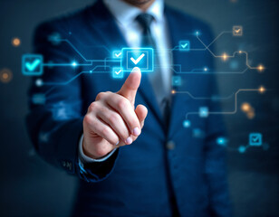 Obraz premium “Businessman Selecting Digital Checklist for Task Management and Performance Optimization”