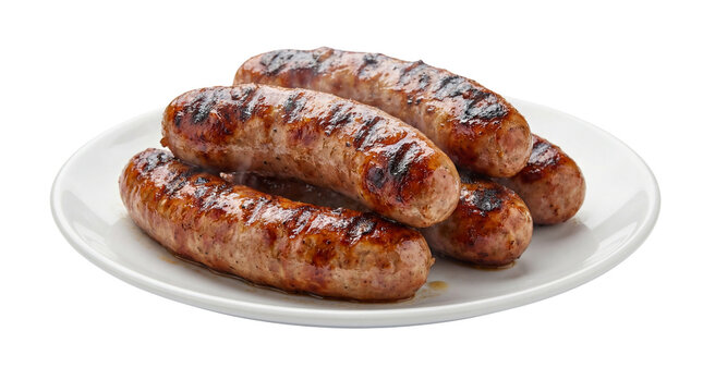 Five grilled pork sausages with char marks on a white plate, ready to eat isolated PNG with Transparent Background