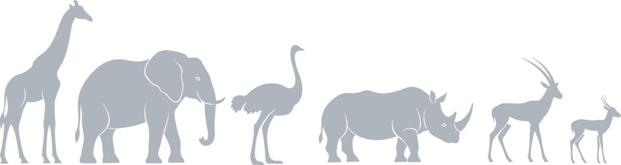 Fototapeta premium African wildlife silhouettes featuring giraffe, elephant, ostrich, rhinoceros, antelope, gazelle, black nature illustration symbolizing biodiversity, wilderness