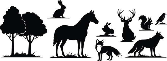 Forest animal silhouettes with trees, rabbit, horse, deer, squirrel, bird, fox, and wolf, black wildlife illustration symbolizing nature, habitat, wilderness, and animal diversity
