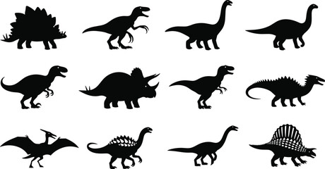 Dinosaur silhouette collection featuring herbivores and carnivores, flying reptiles, prehistoric wildlife artwork symbolizing paleontology, evolution, biodiversity, education, and artistic design © MDMizanur