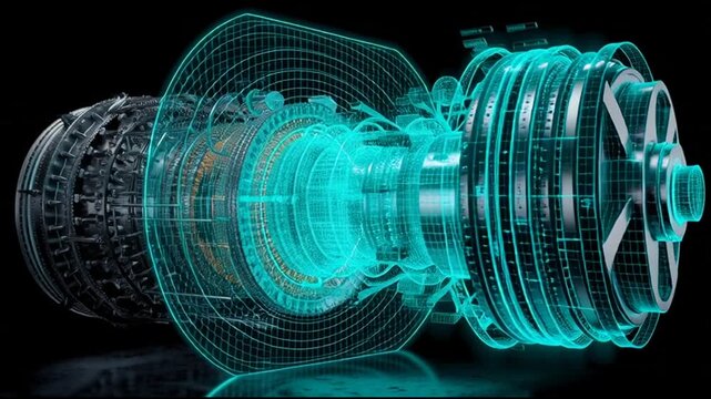 Detailed 3D wireframe model of a jet engine component, showcasing intricate mechanical parts and structural elements in a digital rendering.