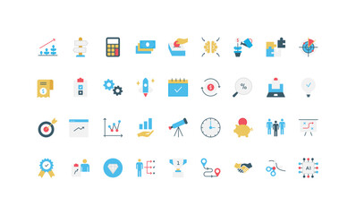 Modern flat business icons for startup, finance, planning, teamwork, and growth concepts perfect for presentations, web, and app design isolated vector illustration