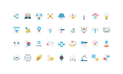 Fototapeta premium Flat style icons representing new technology, innovation, smart devices, artificial intelligence, automation, and digital solutions for web, apps, and presentations isolated vector illustration