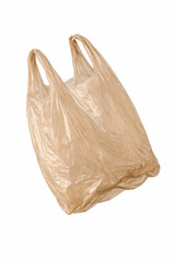 a brown plastic shopping bag isolated on a white background with crinkled texture. commercial or environment design element.