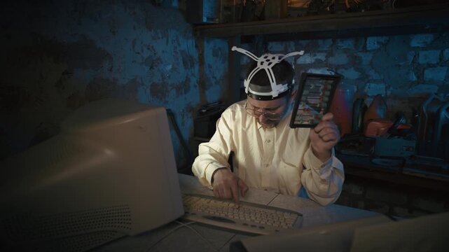 Quirky man calculates on wooden abacus, then types on vintage keyboard. Smiles at camera. Slides glasses down his nose. Retro computer glow. Night hacker lab. Cyber security and data analysis concept.