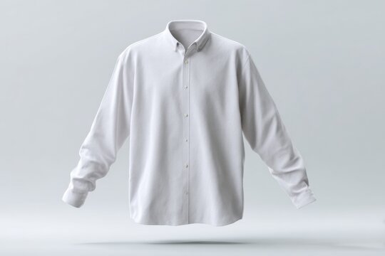 Classic white men's button-down shirt with long sleeves against grey background