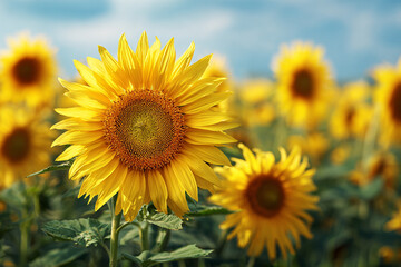 Obraz premium A close up view of bright yellow sunflowers blooming in a field under a clear blue sky with fluffy white clouds