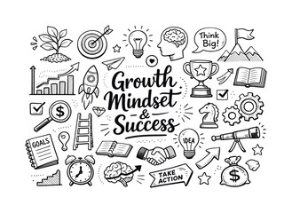 Fototapeta premium Growth oriented success mindset, hand drawn doodle elements set, center hand-lettered title, black & white vector line art, bold