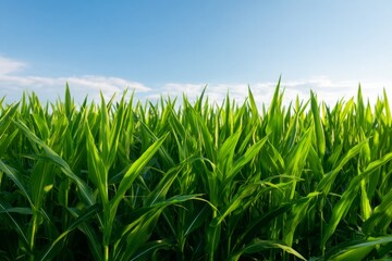 Fototapeta premium Lush Green Cornfield Stretching Toward the Horizon Under Clear Blue Sky