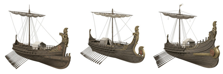 Roman warship isolated on white background, ancient Roman galley, trireme, bireme, Mediterranean warship, imperial navy vessel, Roman naval craft, classical naval ship, historical Roman fleet, oared w © Zakir