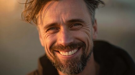 Obraz premium Caucasian mature male smiling outdoors in warm light