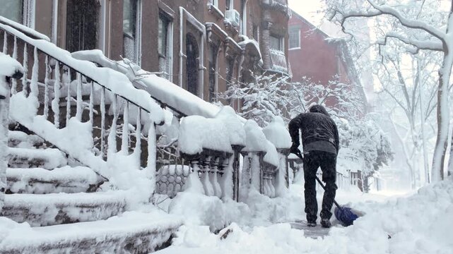 alt man shovels sidewalk during snow storm in Brooklyn
