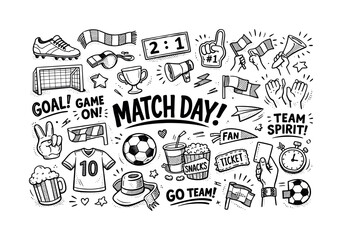 Fototapeta premium Football match day theme, hand drawn doodle elements set, center hand-lettered title, black & white vector line art, bold clean