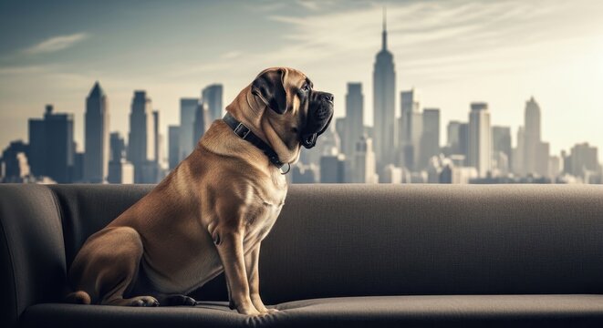 Majestic Mastiff Dog Sitting Comfortably on a Sofa with an Urban Skyline Backdrop