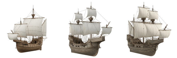 Naklejka premium Caravel isolated on white background, 15th century Portuguese sailing ship, exploration vessel, Age of Discovery ship, lateen-rigged caravel, Atlantic voyage ship, maritime exploration vessel