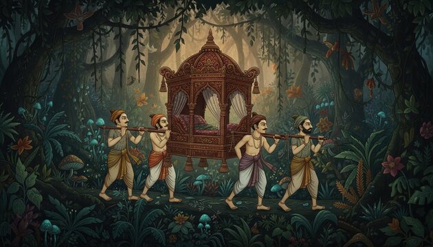 Mystical forest procession carrying ornate palanquin with regal figures, ancient indian art.