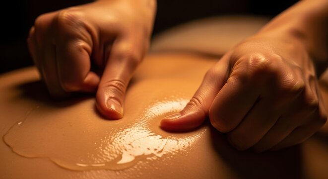 Relaxing massage hands applying oil on bare back during soothing session. Therapist provides relaxing massage for client seeking wellness, stress relief, and tranquility.