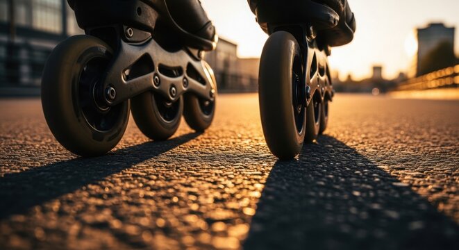 Low angle view of inline skates on asphalt road, capturing wheels glowing in warm golden hour light and long shadows. Dynamic rollerblades on urban pavement,
