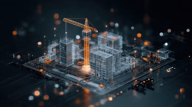 3d isometric wireframe hologram of a construction site with a crane and building on a dark background, a digital technology concept design.