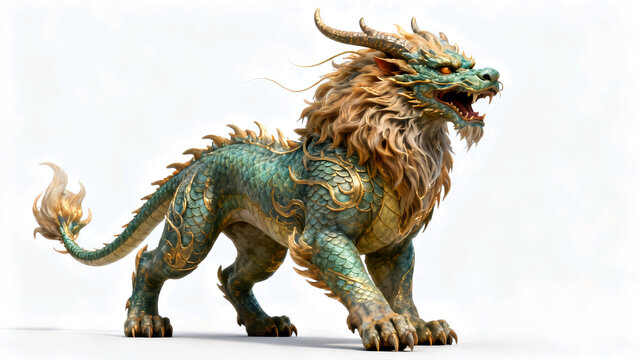 Majestic Chinese mythical creature Qilin or Kirin standing isolated on white background. Powerful dragon-lion hybrid with golden mane and turquoise scales.