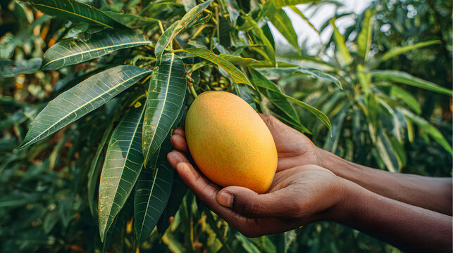 Dark-skinned hands holding ripe yellow mango under tree leaves