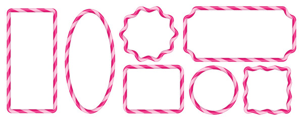 Christmas candy cane frames in pink and purple stripes, festive vector frames and templates with space for text, isolated holiday illustration on white background