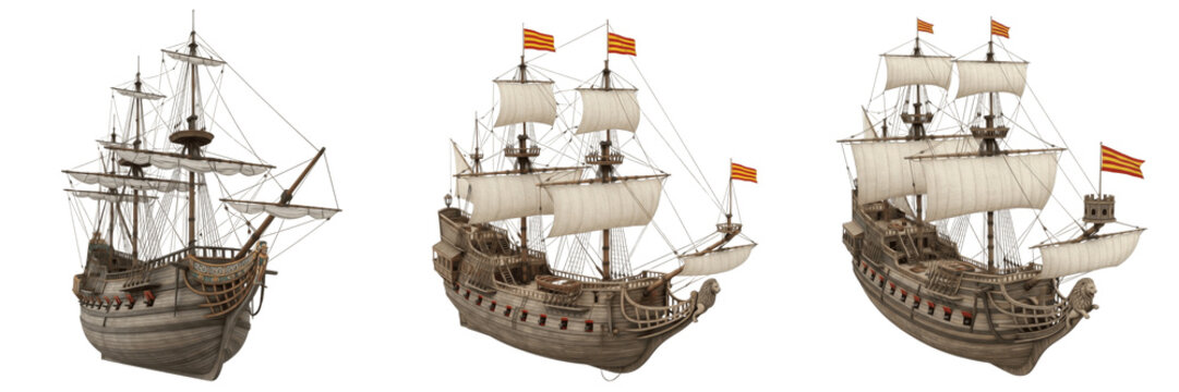 Spanish treasure galleon isolated on white background, 16th&ndash;18th century treasure ship, gold and silver transport, colonial trade vessel, Manila galleon, Spanish fleet ship, historical maritime vessel