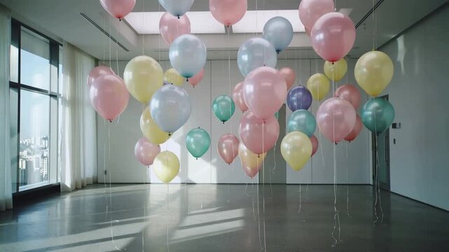 Pastel Balloons Filling Minimal Modern Office Interior
