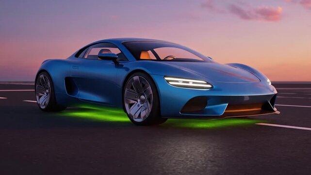 Sleek blue sports car with green underglow at sunset